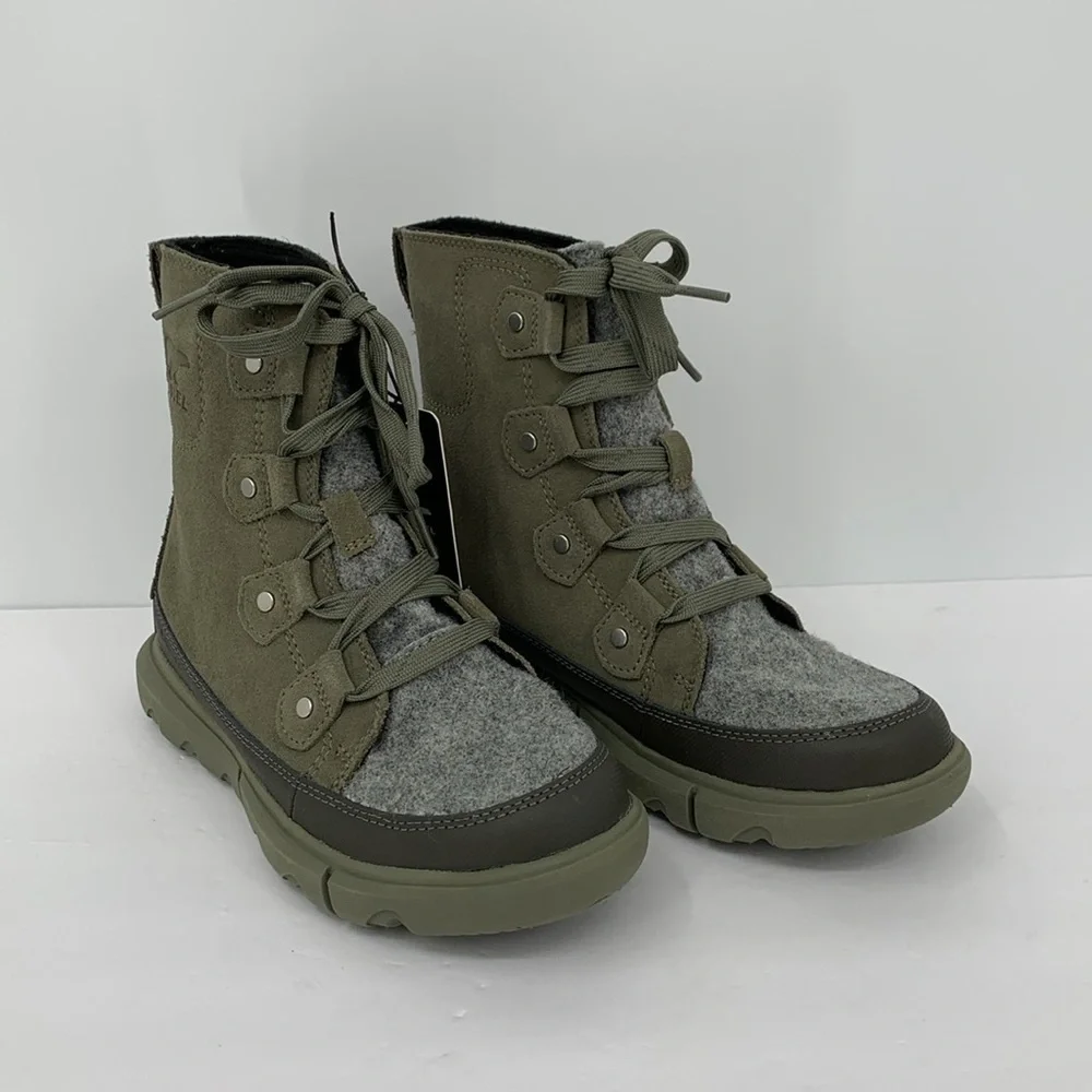 Sorel Explorer II Joan winter waterproof ankle boots olive green gray tie new 6